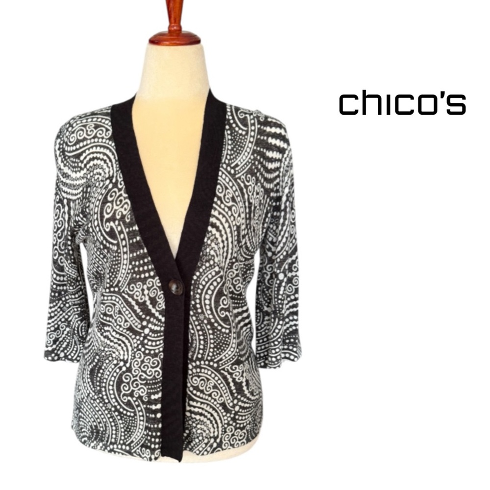 Chico's Linen Cardigan Sweater Black White Paisley Size 1 Medium Elbow Sleeve